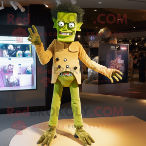 Gold Frankenstein'S Monster mascot costume character dressed with a Skinny Jeans and Brooches