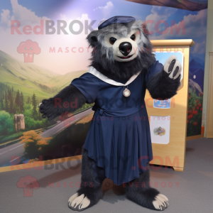 Navy Sloth Bear mascot costume character dressed with a Wrap Dress and Hairpins