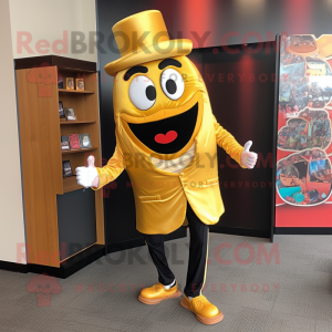 Gold Lasagna mascot costume character dressed with a Blazer and Shoe laces