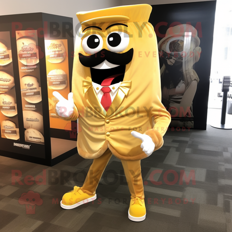 Gold Lasagna mascot costume character dressed with a Blazer and Shoe laces