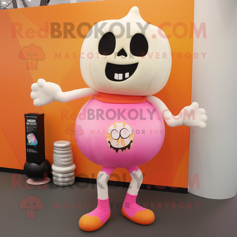 Peach Skull mascot costume character dressed with a Yoga Pants and Mittens
