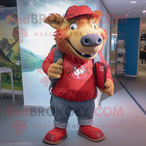 Red Wild Boar mascot costume character dressed with a Bootcut Jeans and Backpacks