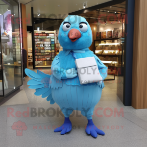 Blue Pigeon mascot costume character dressed with a Romper and Clutch bags