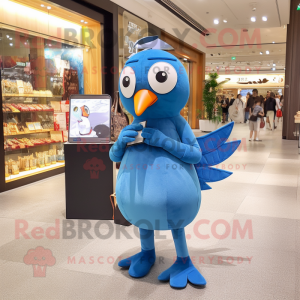 Blue Pigeon mascot costume character dressed with a Romper and Clutch bags