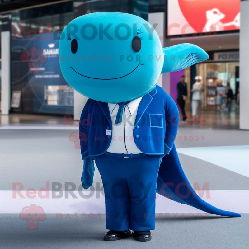 Cyan Blue Whale mascot costume character dressed with a Turtleneck and Pocket squares