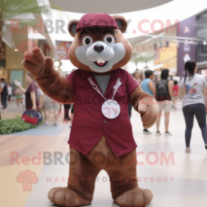 Maroon Otter mascot costume character dressed with a Overalls and Necklaces