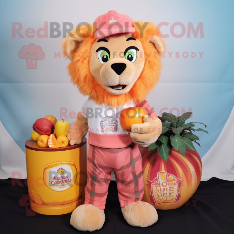 Peach Tamer Lion mascot costume character dressed with a Henley Tee and Wraps