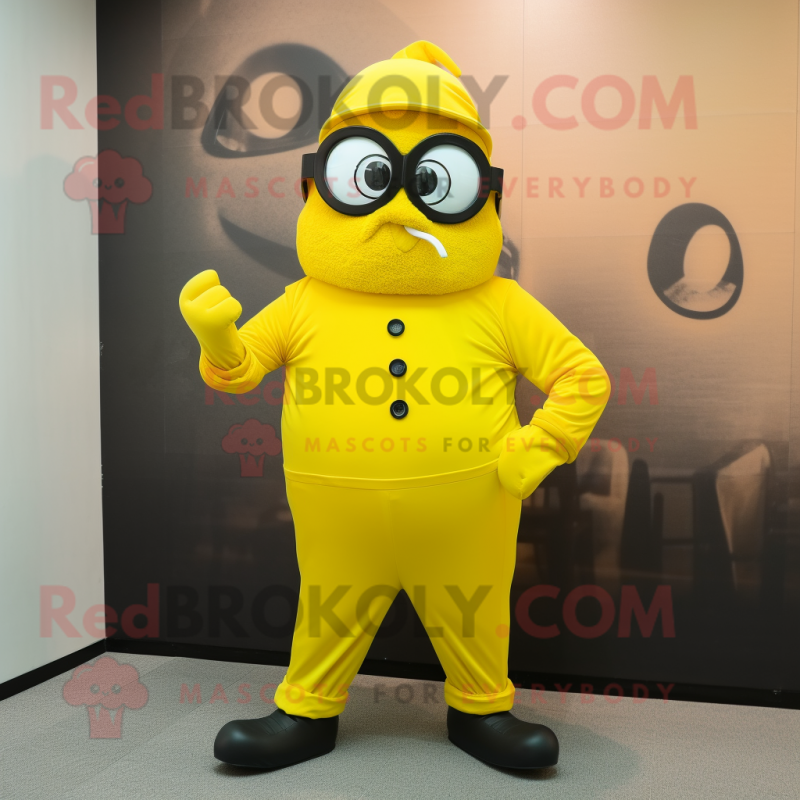 Lemon Yellow Wrist Watch mascot costume character dressed with a Jumpsuit and Eyeglasses
