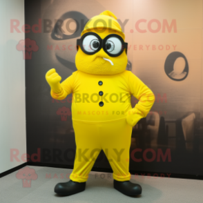 Lemon Yellow Wrist Watch mascot costume character dressed with a Jumpsuit and Eyeglasses