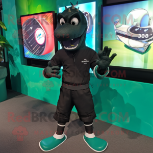 Black Loch Ness Monster mascot costume character dressed with a Bermuda Shorts and Smartwatches