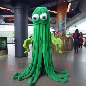 Forest Green Squid mascot costume character dressed with a Skinny Jeans and Shawls