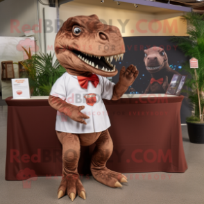 Brown T Rex mascot costume character dressed with a A-Line Skirt and Pocket squares