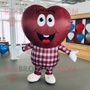 Maroon Heart Shaped Balloons mascot costume character dressed with a Flannel Shirt and Shoe laces