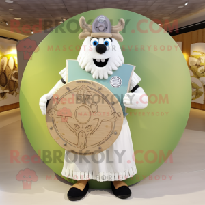 Cream Celtic Shield mascot costume character dressed with a Waistcoat and Hairpins