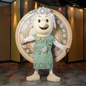 Cream Celtic Shield mascot costume character dressed with a Waistcoat and Hairpins