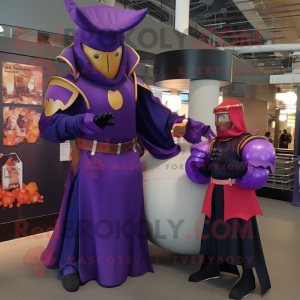 Purple Medieval Knight mascot costume character dressed with a Ball Gown and Berets