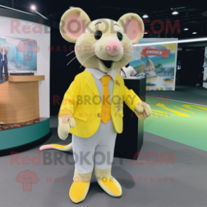 Lemon Yellow Rat mascot costume character dressed with a Suit Pants and Shawl pins