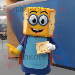 Blue Grilled Cheese Sandwich mascot costume character dressed with a Vest and Eyeglasses