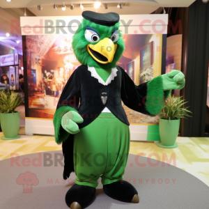 Forest Green Hawk mascot costume character dressed with a Evening Gown and Brooches