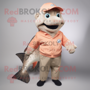 Cyan Salmon mascot costume character dressed with a Capri Pants and  Suspenders