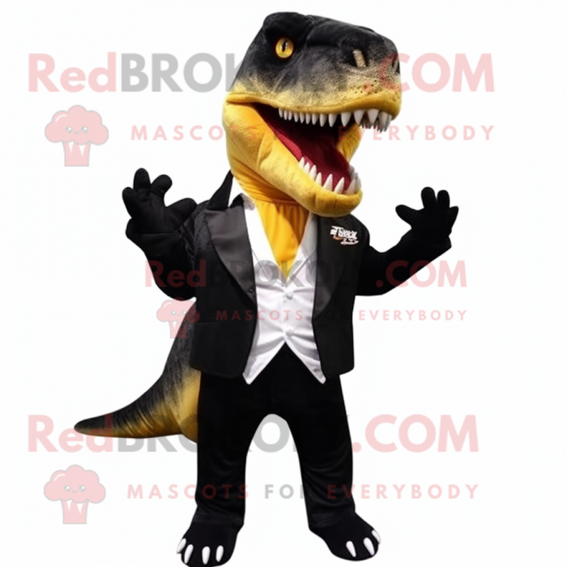 Black T Rex mascot costume character dressed with a Blazer and Pocket squares