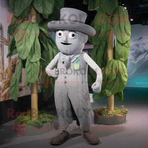 Gray Beanstalk mascot costume character dressed with a Oxford Shirt and Hat pins