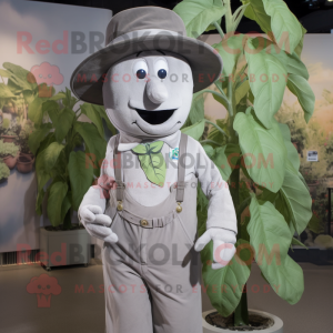 Gray Beanstalk mascot costume character dressed with a Oxford Shirt and Hat pins