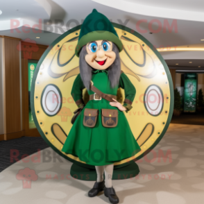 Olive Celtic Shield mascot costume character dressed with a Skirt and Berets