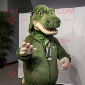 Olive Allosaurus mascot costume character dressed with a Hoodie and Keychains