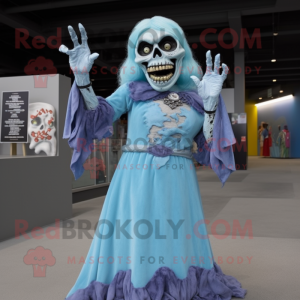 Sky Blue Undead mascot costume character dressed with a Shift Dress and Rings