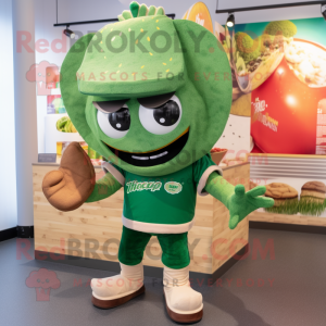 Green Tacos mascot costume character dressed with a Rugby Shirt and Bracelets