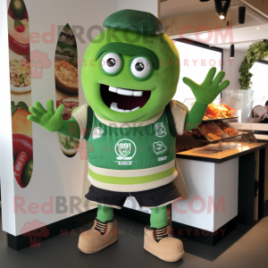 Green Tacos mascot costume character dressed with a Rugby Shirt and Bracelets