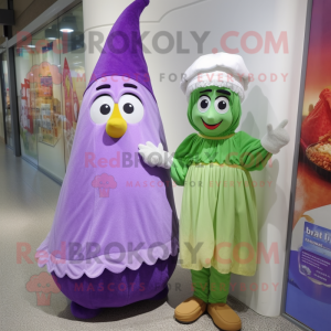 Lavender Pear mascot costume character dressed with a Shift Dress and Scarves