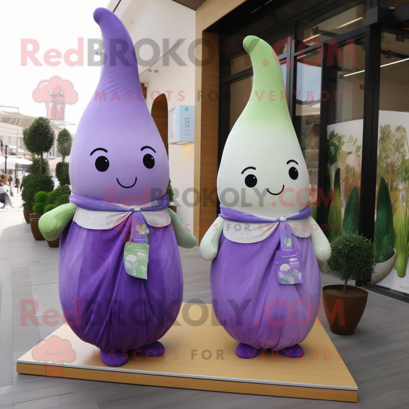 Lavender Pear mascot costume character dressed with a Shift Dress and Scarves