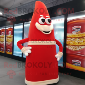 Cream Bottle Of Ketchup mascot costume character dressed with a Evening Gown and Shoe laces