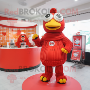 Red Fried Chicken mascot costume character dressed with a Turtleneck and Rings