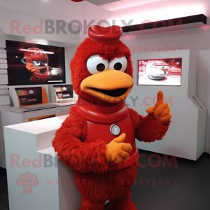 Red Fried Chicken mascot costume character dressed with a Turtleneck and Rings
