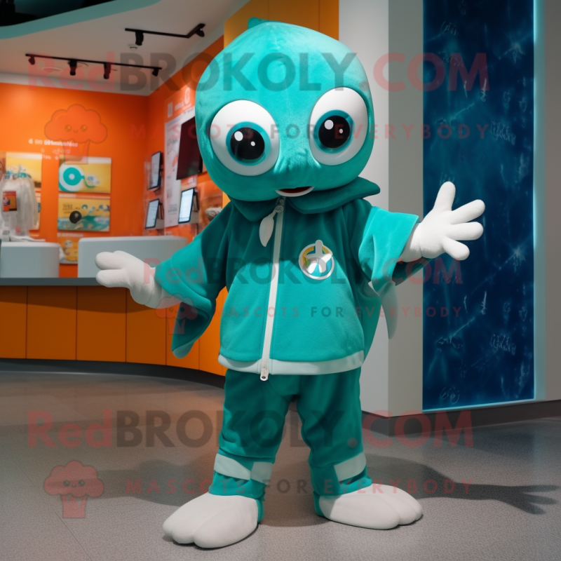 Teal Cod mascot costume character dressed with a Jumpsuit and Keychains