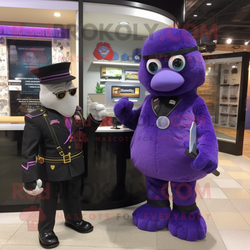 Purple Special Air Service mascot costume character dressed with a Tuxedo and Keychains