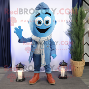 Blue Scented Candle mascot costume character dressed with a Chambray Shirt and Scarf clips