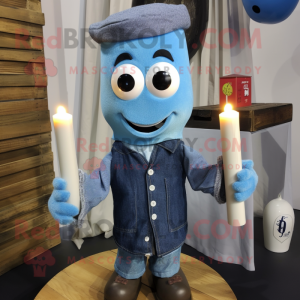 Blue Scented Candle mascot costume character dressed with a Chambray Shirt and Scarf clips