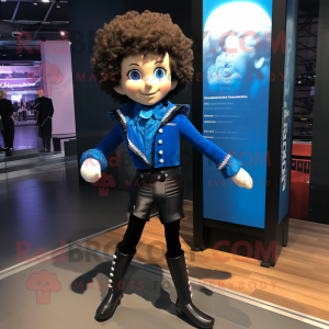 Blue Irish Dancer mascot costume character dressed with a Leather Jacket and Foot pads