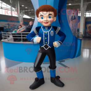 Blue Irish Dancer mascot costume character dressed with a Leather Jacket and Foot pads