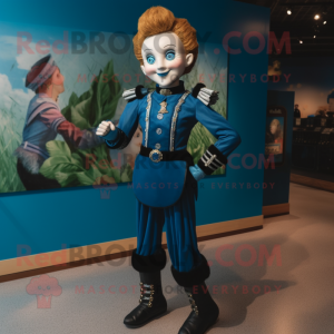 Blue Irish Dancer mascot costume character dressed with a Leather Jacket and Foot pads