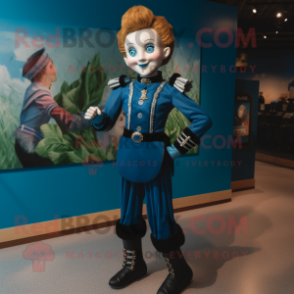 Blue Irish Dancer mascot costume character dressed with a Leather Jacket and Foot pads
