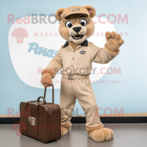 Tan Puma mascot costume character dressed with a Jumpsuit and Briefcases