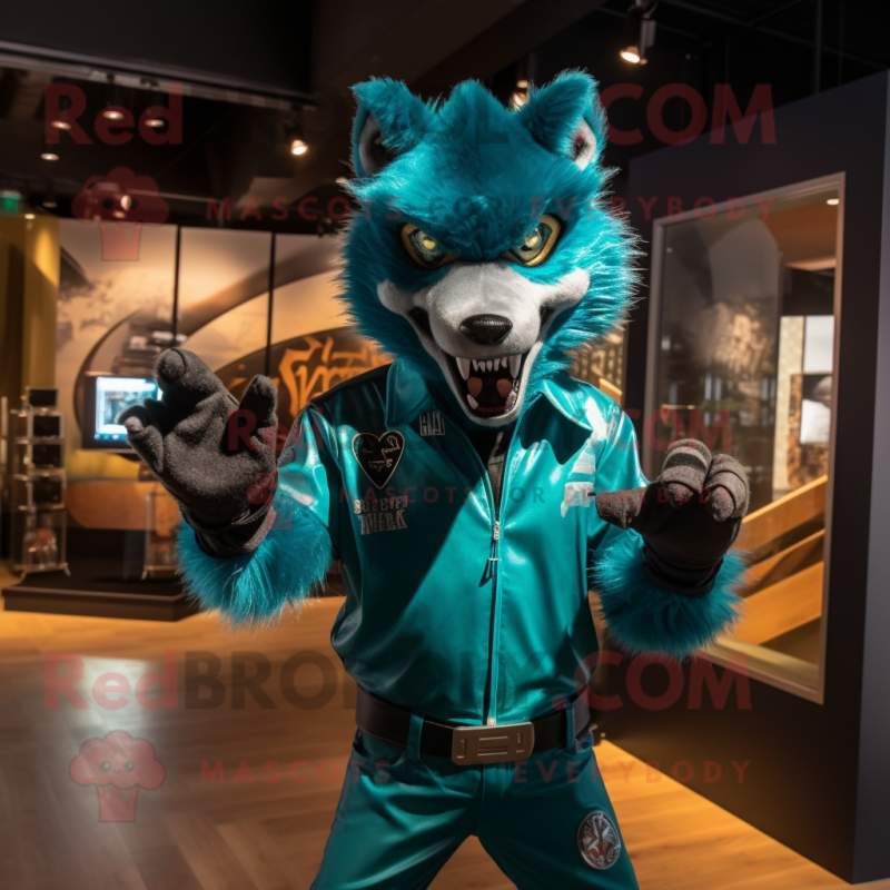 Teal Werewolf mascot costume character dressed with a Moto Jacket and Bow ties