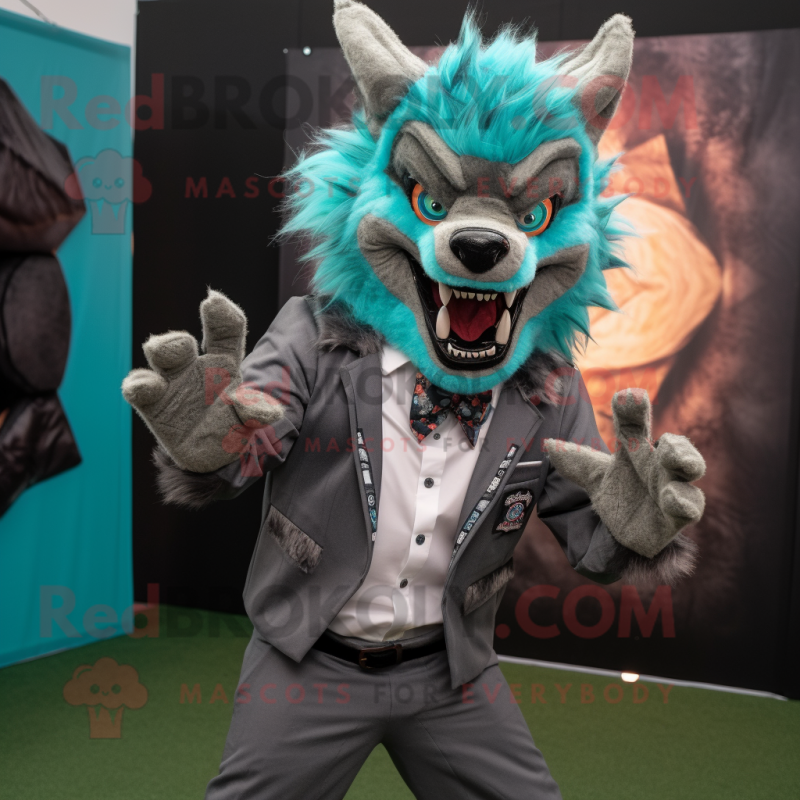 Teal Werewolf mascot costume character dressed with a Moto Jacket and Bow ties