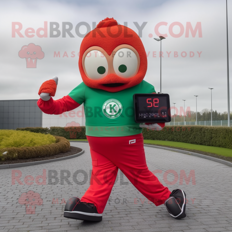 Red Irish Flag mascot costume character dressed with a Jeggings and Digital watches