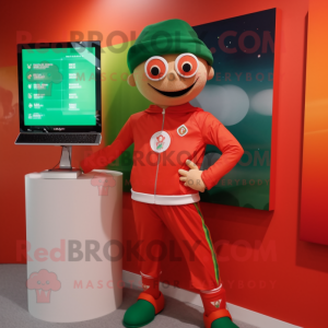 Red Irish Flag mascot costume character dressed with a Jeggings and Digital watches